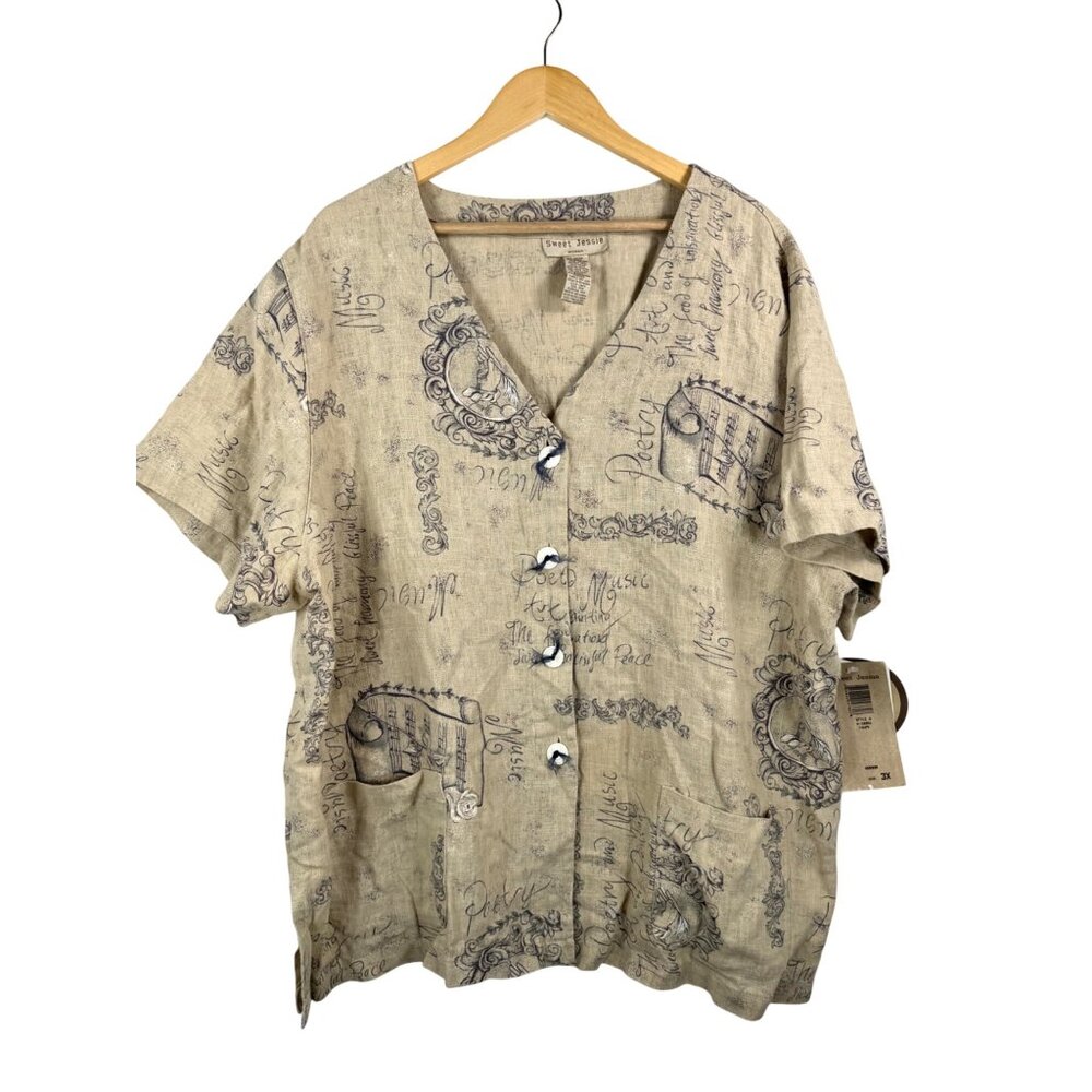 Sweet Jessie lagen look music‎ note 100% linen button shirt beach sz 3X